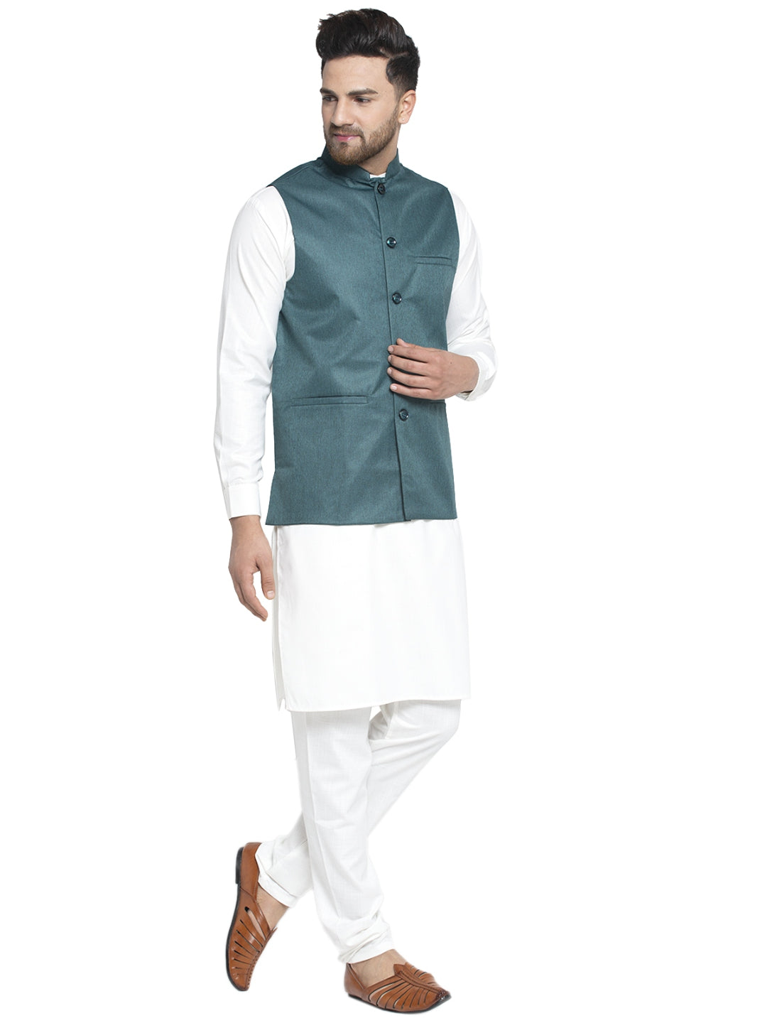 Solid White Cotton Kurta Payjama With Solid Teal Waistcoat