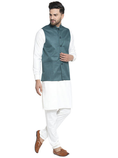 Solid White Cotton Kurta Payjama With Solid Teal Waistcoat