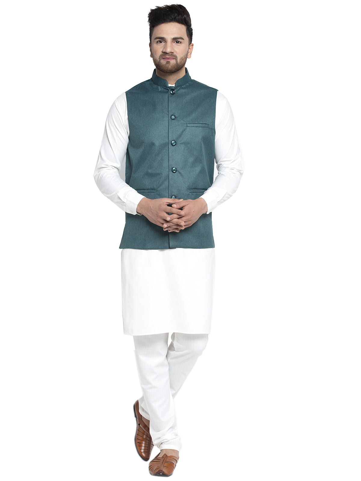Solid White Cotton Kurta Payjama With Solid Teal Waistcoat