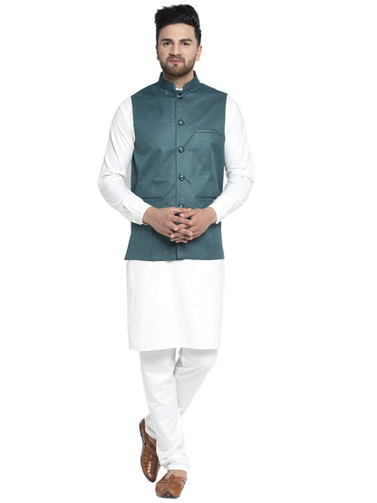 Solid White Cotton Kurta Payjama With Solid Teal Waistcoat