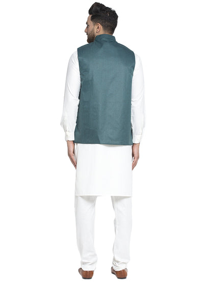 Solid White Cotton Kurta Payjama With Solid Teal Waistcoat