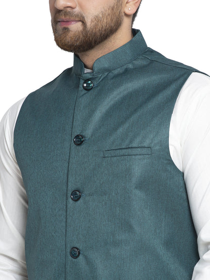 Solid White Cotton Kurta Payjama With Solid Teal Waistcoat