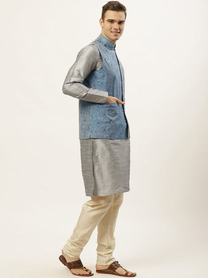 Men'S Woven Design Nehru Jacket And Kurta Pyjama Set