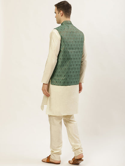 Men'S Woven Design Nehru Jacket And Kurta Pyjama Set