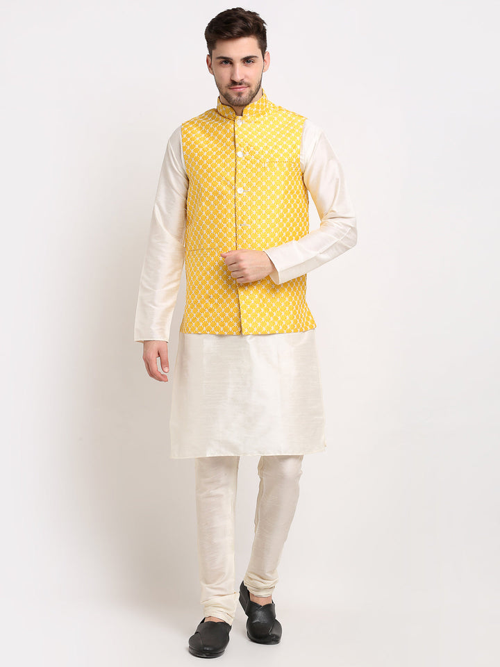 Men Embroidered Nehru Jacket &amp; Kurta Pyjama