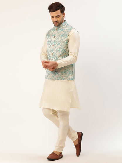 Men'S Solid Kurta Pyjama With Floral Embroidered Nehru Jacket
