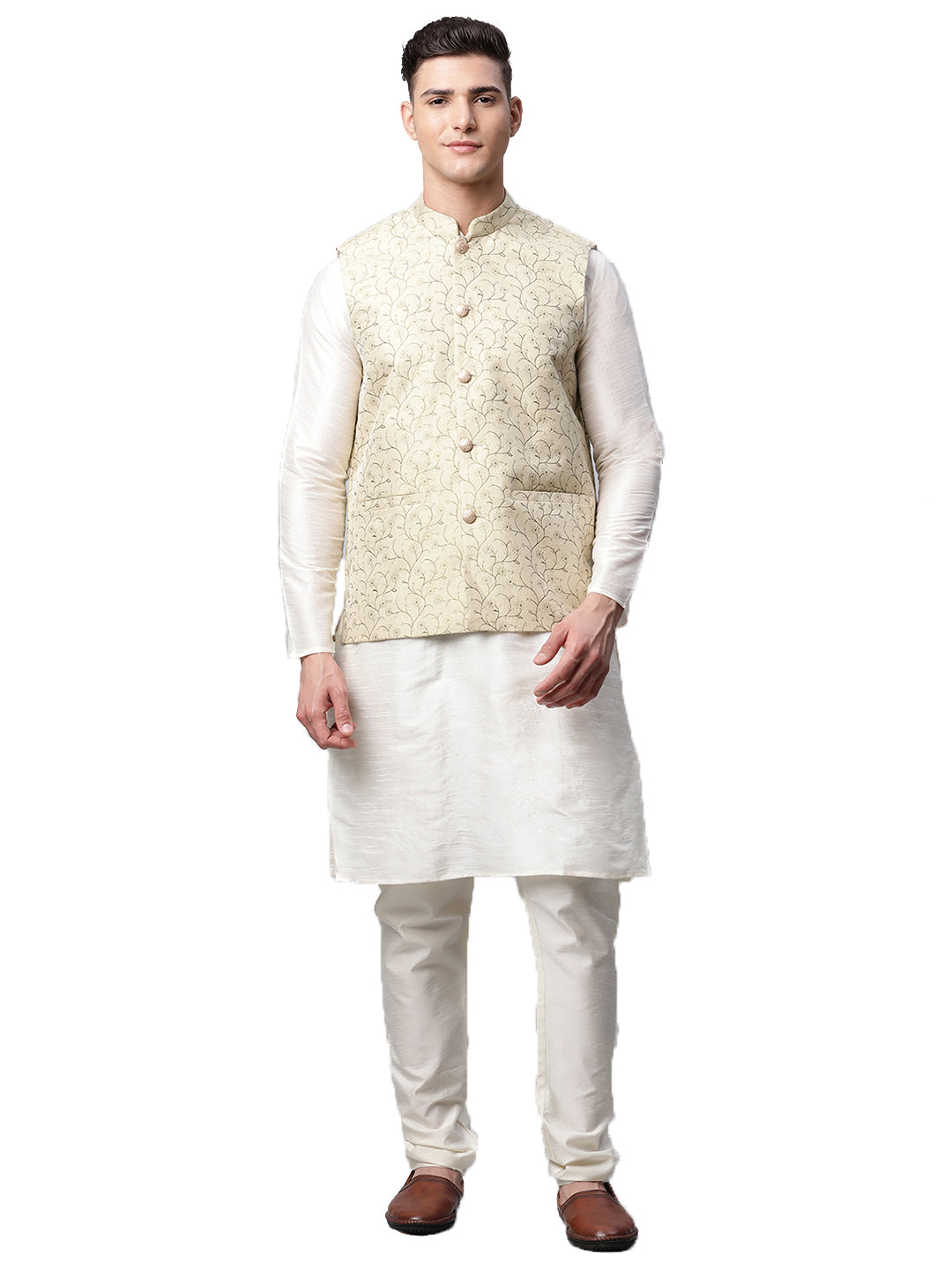 Men Dupion Silk Kurta Pyjama With Nehru Jacket