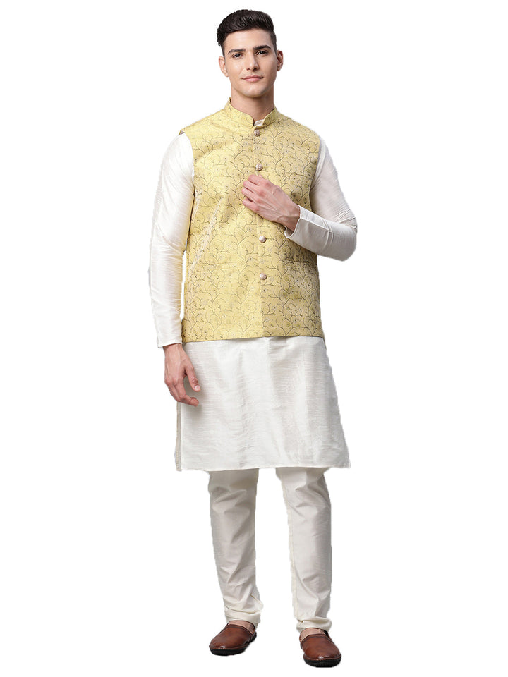 Men Dupion Silk Kurta Pyjama With Nehru Jacket