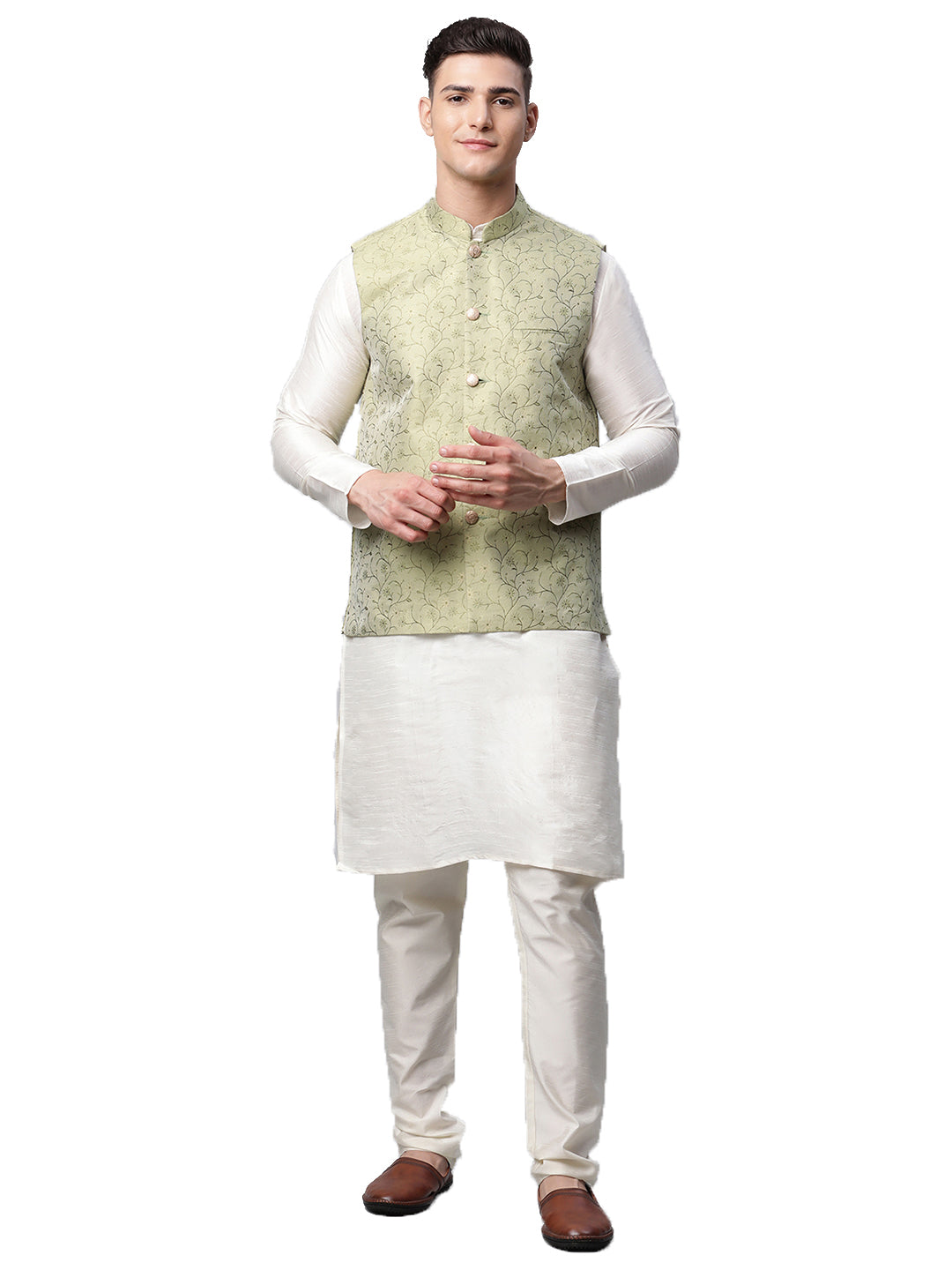 Men Dupion Silk Kurta Pyjama With Nehru Jacket