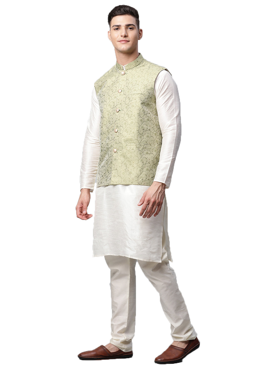 Men Dupion Silk Kurta Pyjama With Nehru Jacket