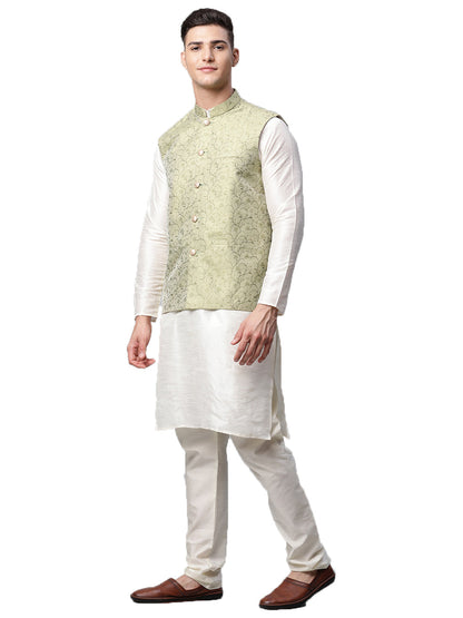 Men Dupion Silk Kurta Pyjama With Nehru Jacket