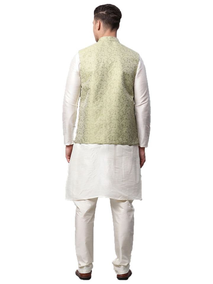 Men Dupion Silk Kurta Pyjama With Nehru Jacket