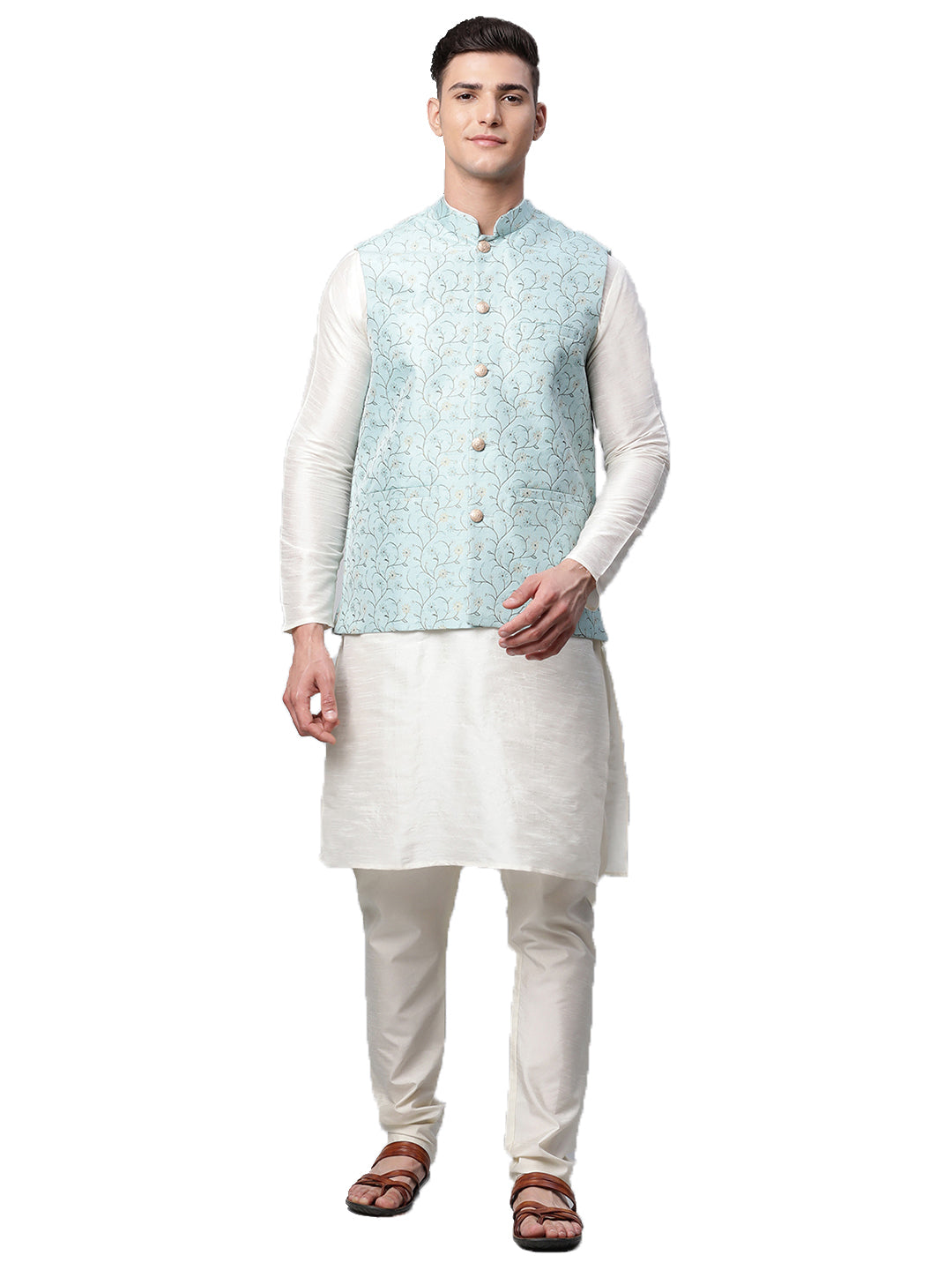 Men Dupion Silk Kurta Pyjama With Nehru Jacket