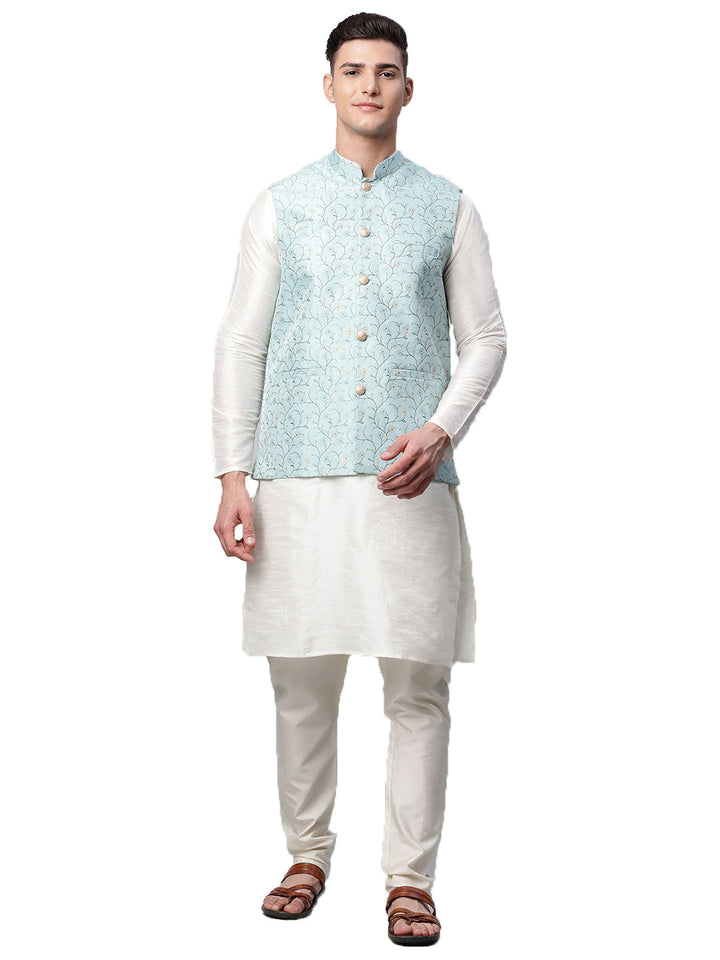Men Dupion Silk Kurta Pyjama With Nehru Jacket
