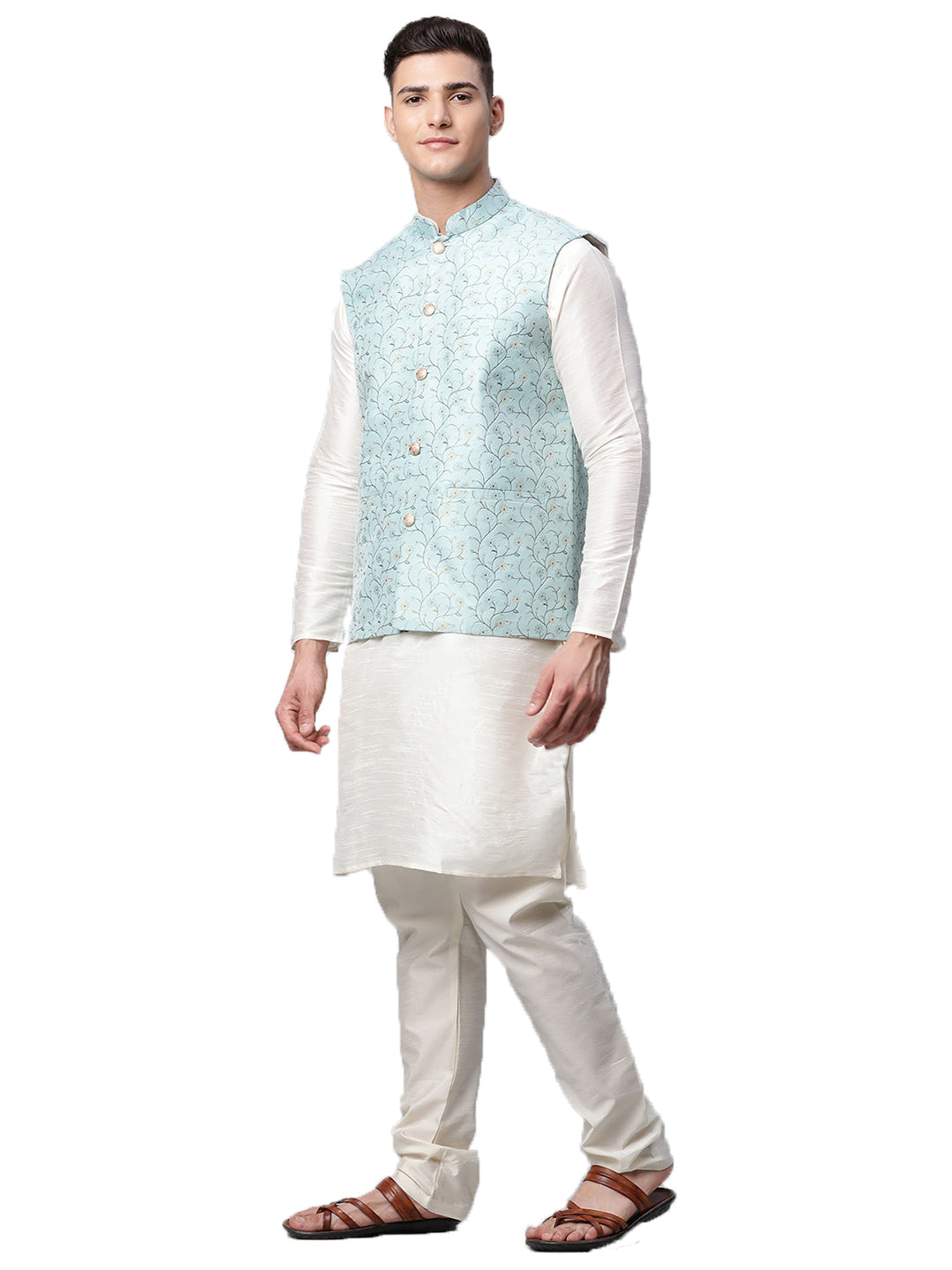 Men Dupion Silk Kurta Pyjama With Nehru Jacket