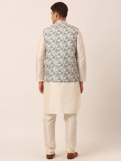 Men'S Solid Kurta Pyjama With Blue Floral Embroidered Nehru Jacket