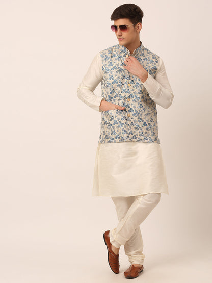 Men'S Solid Kurta Pyjama With Blue Floral Embroidered Nehru Jacket