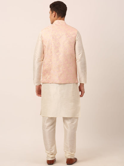 Men'S Solid Kurta Pyjama With Pink Floral Embroidered Nehru Jacket