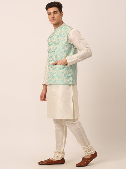 Men'S Solid Kurta Pyjama With Sky Blue Floral Embroidered Nehru Jacket