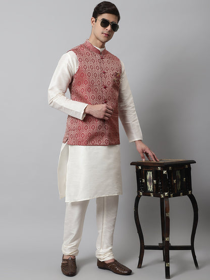 Men Off White Solid Kurta Pyjama With Maroon Woven Design Nehru Jacket