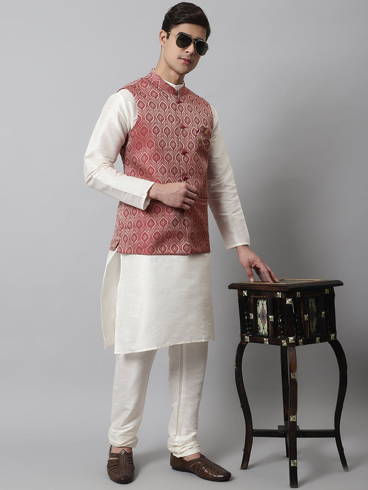 Men Off White Solid Kurta Pyjama With Maroon Woven Design Nehru Jacket
