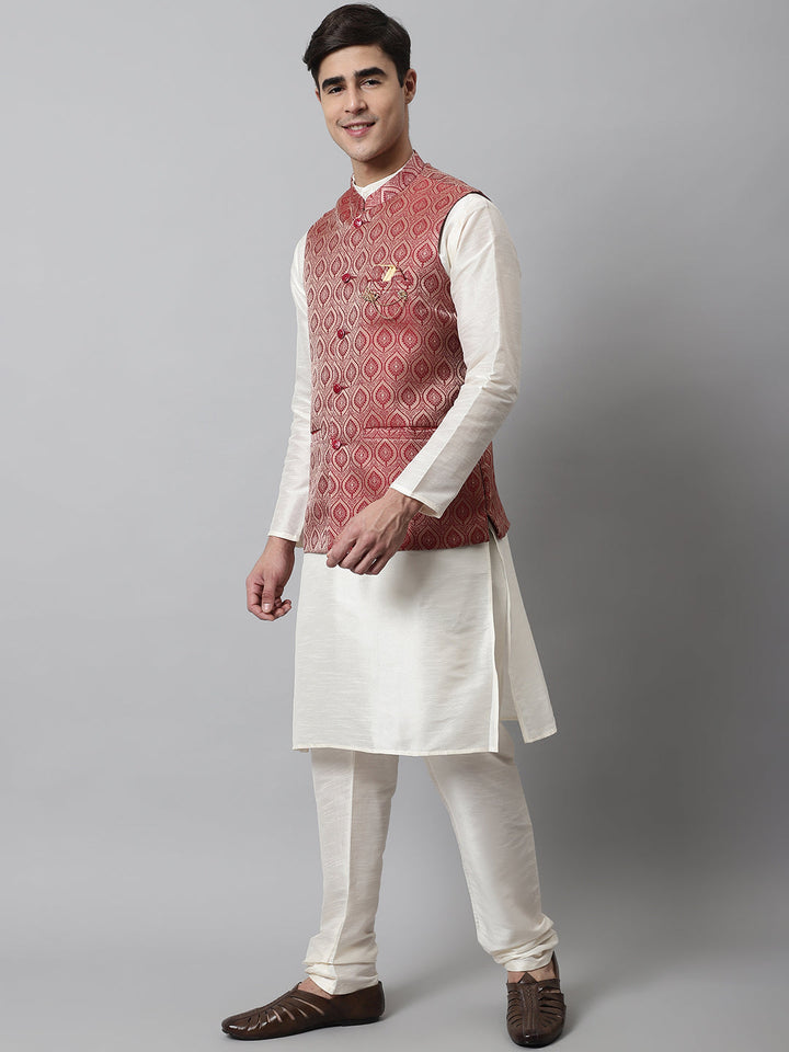 Men Off White Solid Kurta Pyjama With Maroon Woven Design Nehru Jacket