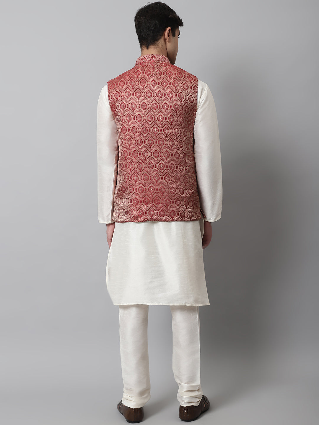Men Off White Solid Kurta Pyjama With Maroon Woven Design Nehru Jacket