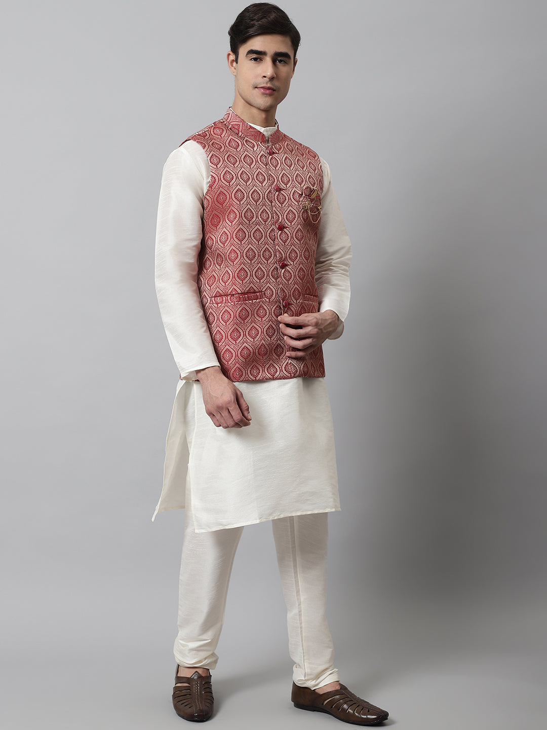 Men Off White Solid Kurta Pyjama With Maroon Woven Design Nehru Jacket