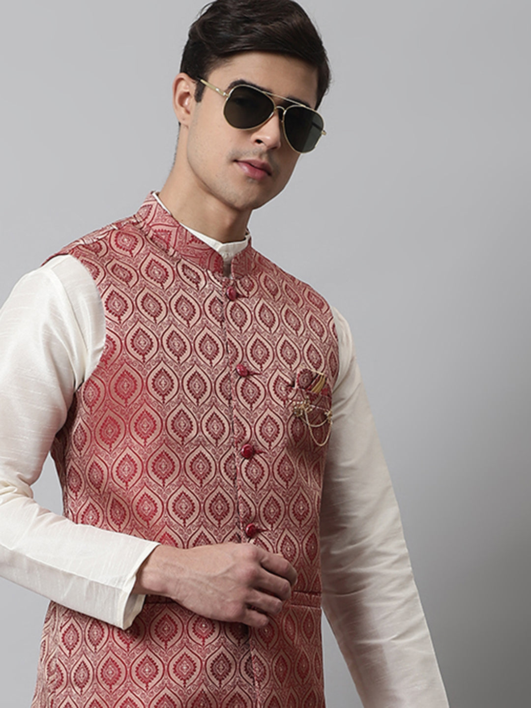 Men Off White Solid Kurta Pyjama With Maroon Woven Design Nehru Jacket
