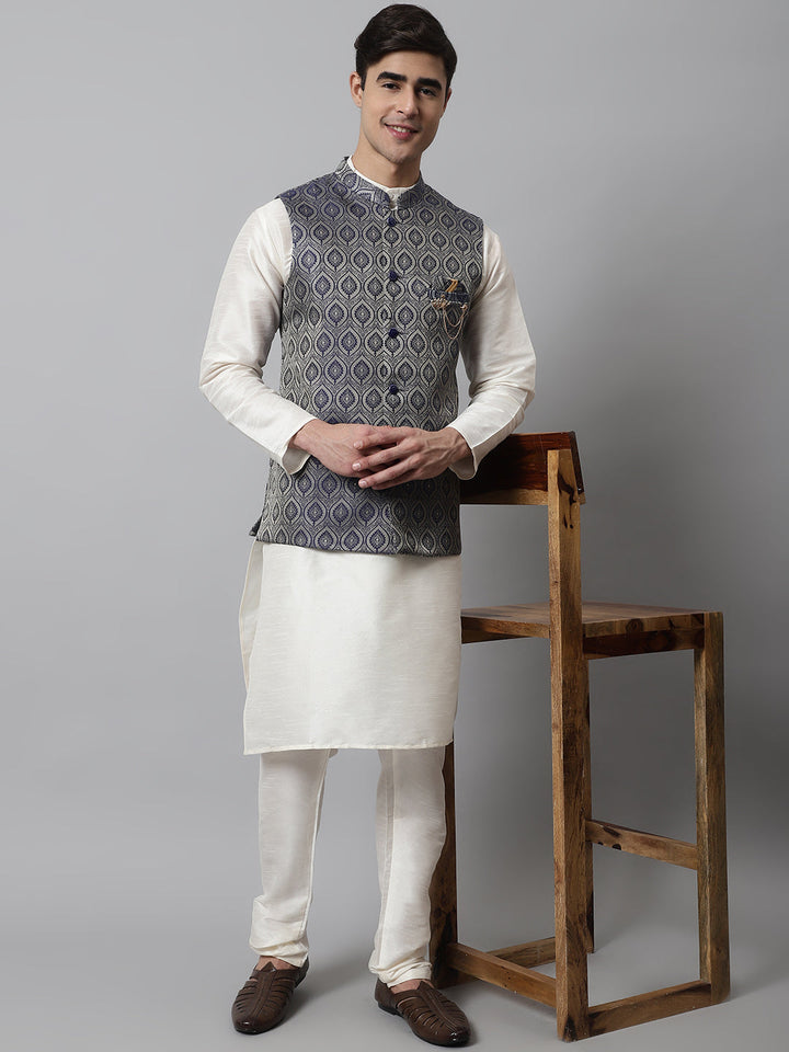 Men Off White Solid Kurta Pyjama With Navy Blue Woven Design Nehru Jacket