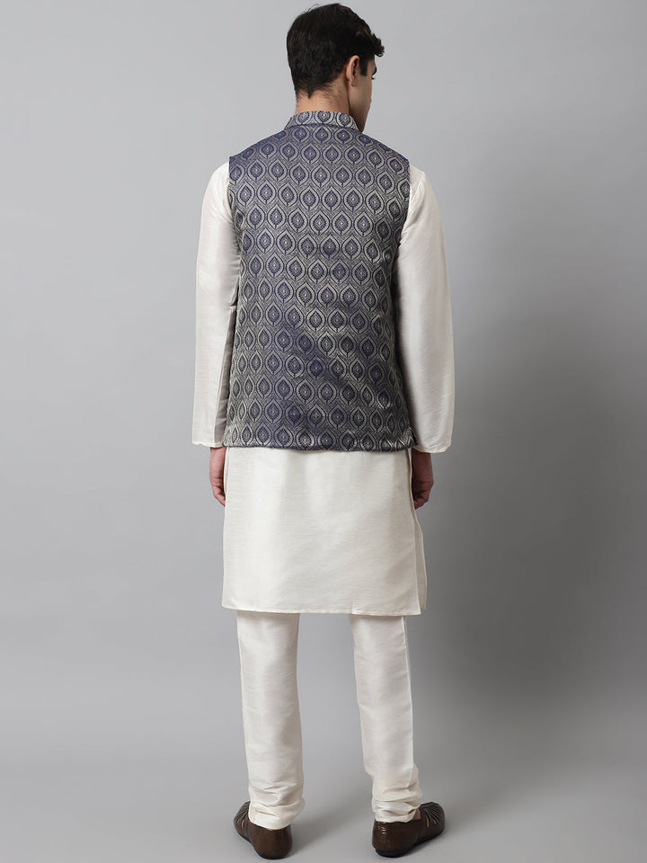 Men Off White Solid Kurta Pyjama With Navy Blue Woven Design Nehru Jacket