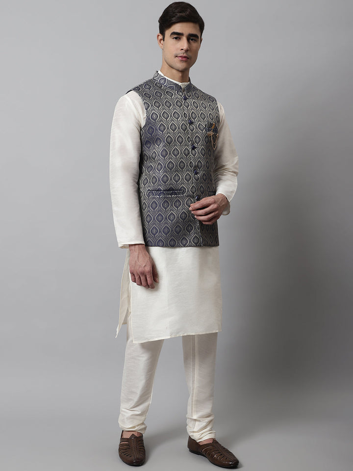 Men Off White Solid Kurta Pyjama With Navy Blue Woven Design Nehru Jacket