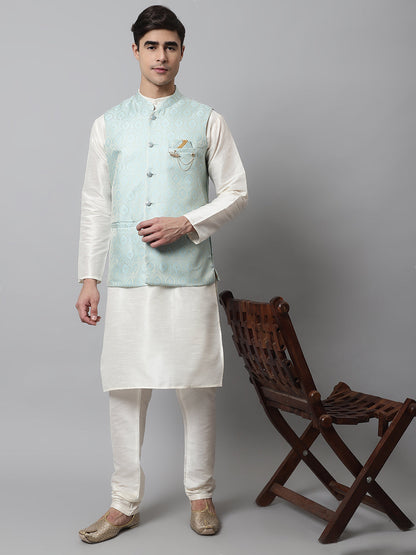 Men Off White Solid Kurta Pyjama With Sky Blue Woven Design Nehru Jacket