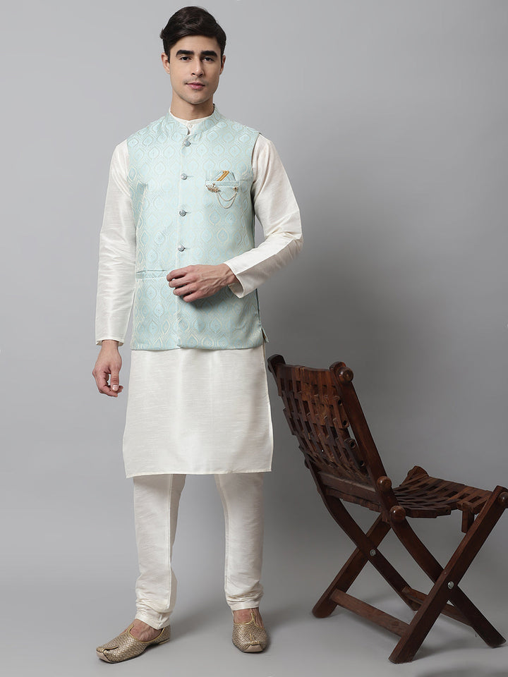 Men Off White Solid Kurta Pyjama With Sky Blue Woven Design Nehru Jacket