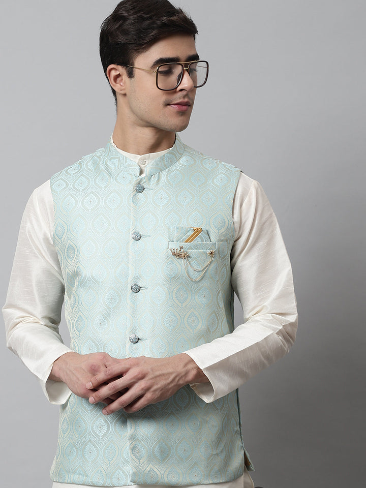 Men Off White Solid Kurta Pyjama With Sky Blue Woven Design Nehru Jacket
