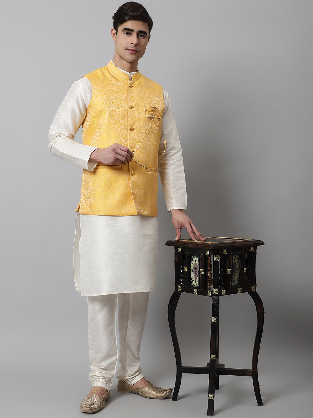 Men Off White Solid Kurta Pyjama With Yellow Woven Design Nehru Jacket