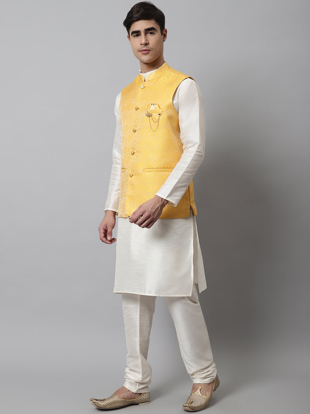 Men Off White Solid Kurta Pyjama With Yellow Woven Design Nehru Jacket