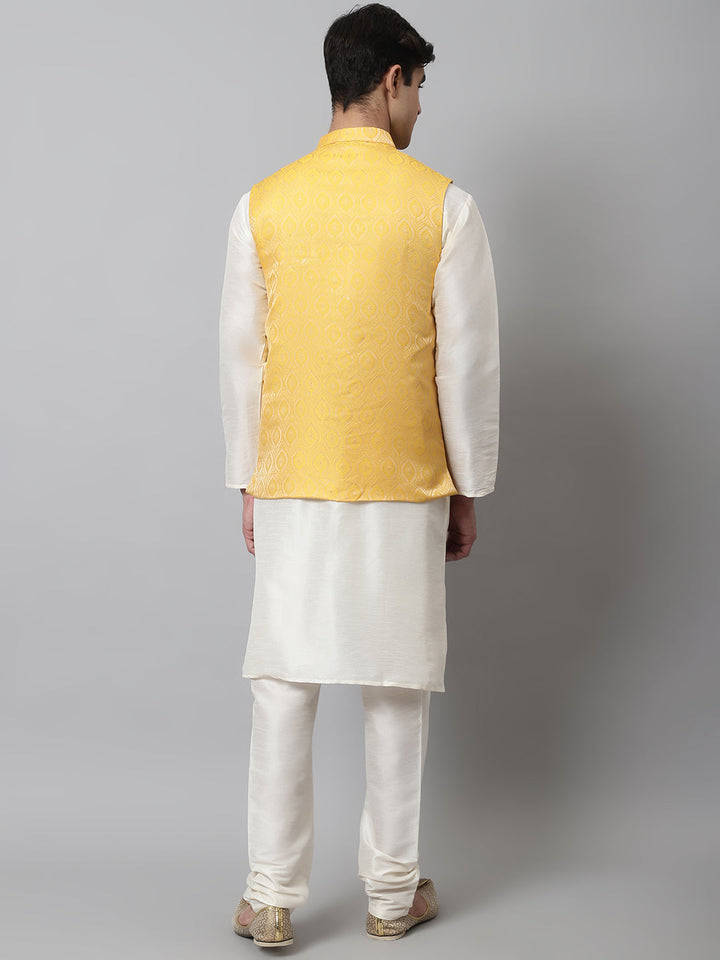 Men Off White Solid Kurta Pyjama With Yellow Woven Design Nehru Jacket