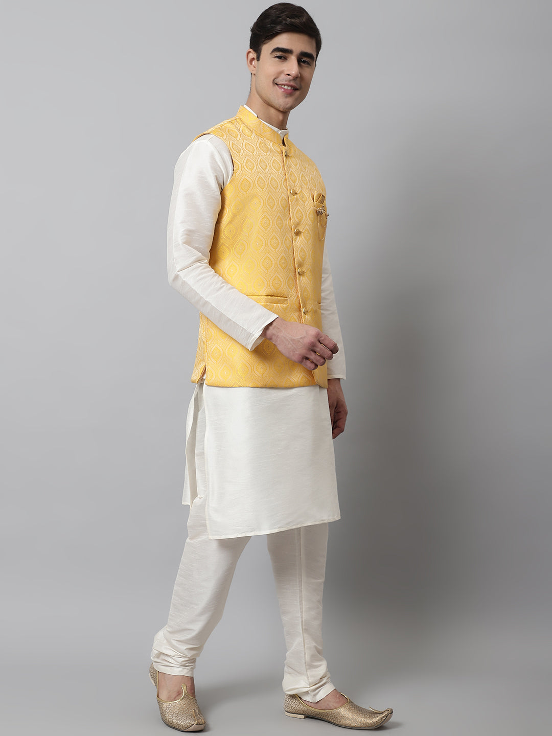 Men Off White Solid Kurta Pyjama With Yellow Woven Design Nehru Jacket