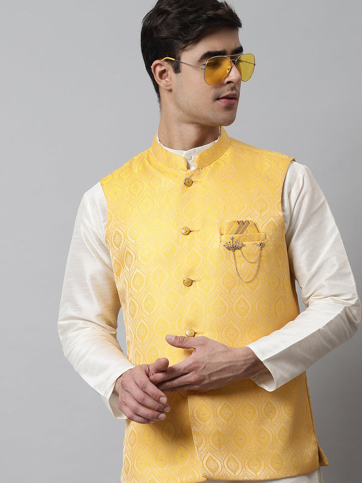 Men Off White Solid Kurta Pyjama With Yellow Woven Design Nehru Jacket