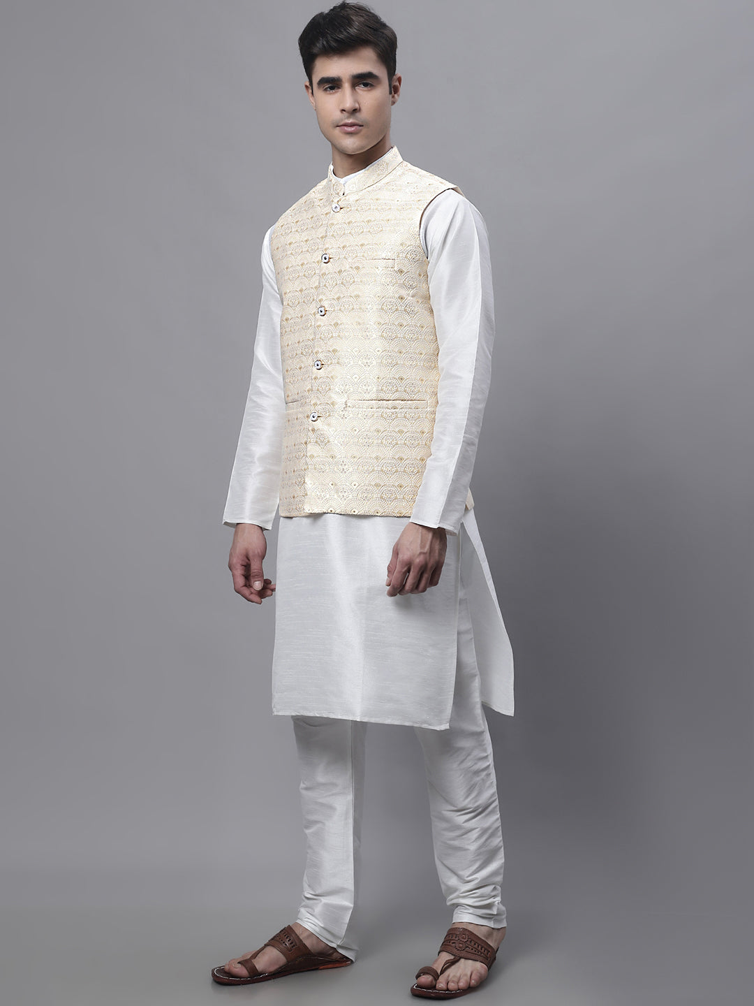 Men Off-White Solid Kurta Pyjama With  Golden Woven Design Nehru Jacket