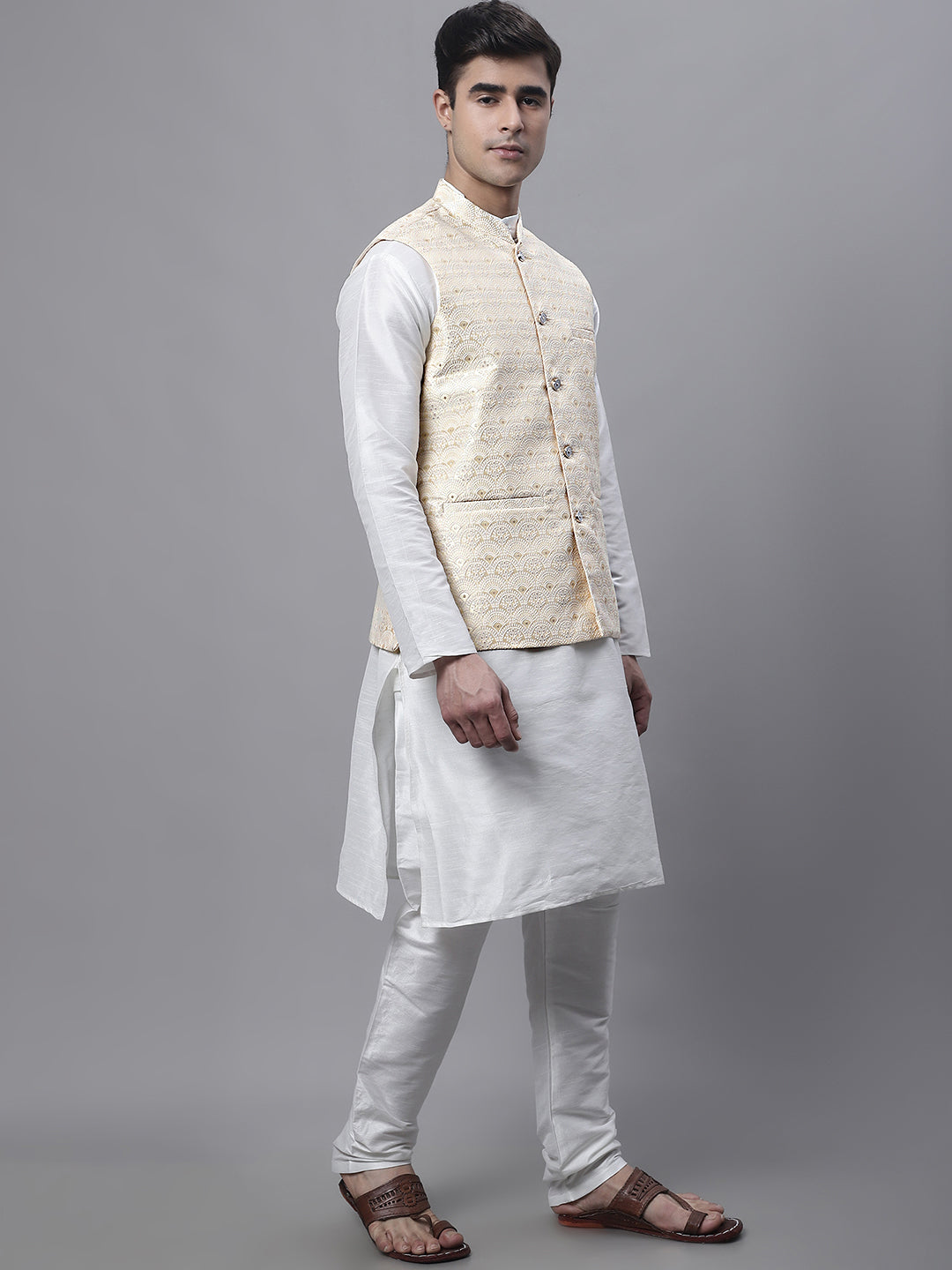 Men Off-White Solid Kurta Pyjama With  Golden Woven Design Nehru Jacket