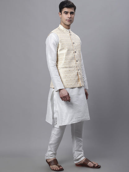 Men Off-White Solid Kurta Pyjama With  Golden Woven Design Nehru Jacket