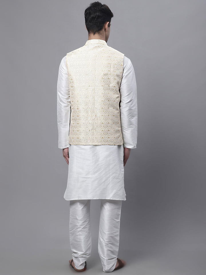 Men Off-White Solid Kurta Pyjama With  Golden Woven Design Nehru Jacket