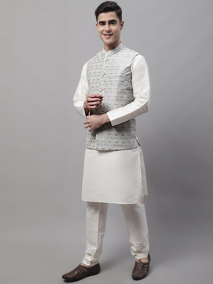 Men Off-White Solid Kurta Pyjama With  Grey Woven Design Nehru Jacket