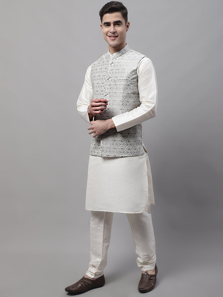 Men Off-White Solid Kurta Pyjama With  Grey Woven Design Nehru Jacket