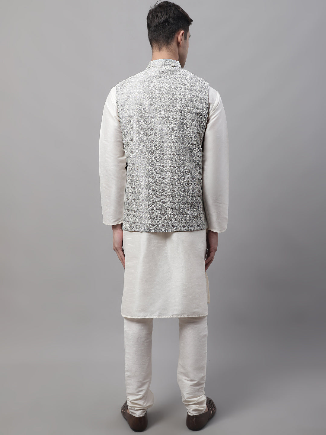 Men Off-White Solid Kurta Pyjama With  Grey Woven Design Nehru Jacket