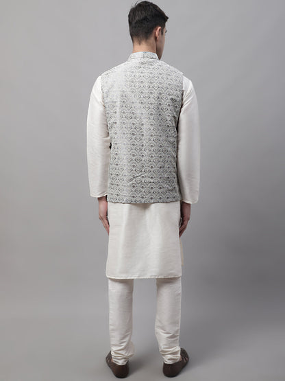 Men Off-White Solid Kurta Pyjama With  Grey Woven Design Nehru Jacket