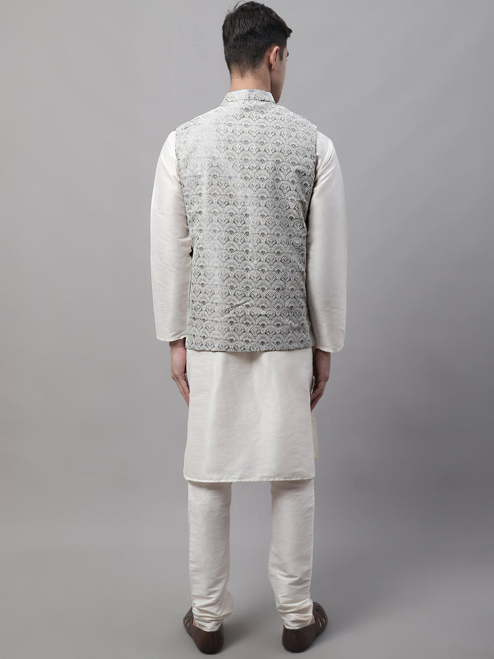 Men Off-White Solid Kurta Pyjama With  Grey Woven Design Nehru Jacket