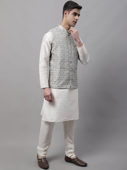 Men Off-White Solid Kurta Pyjama With  Grey Woven Design Nehru Jacket